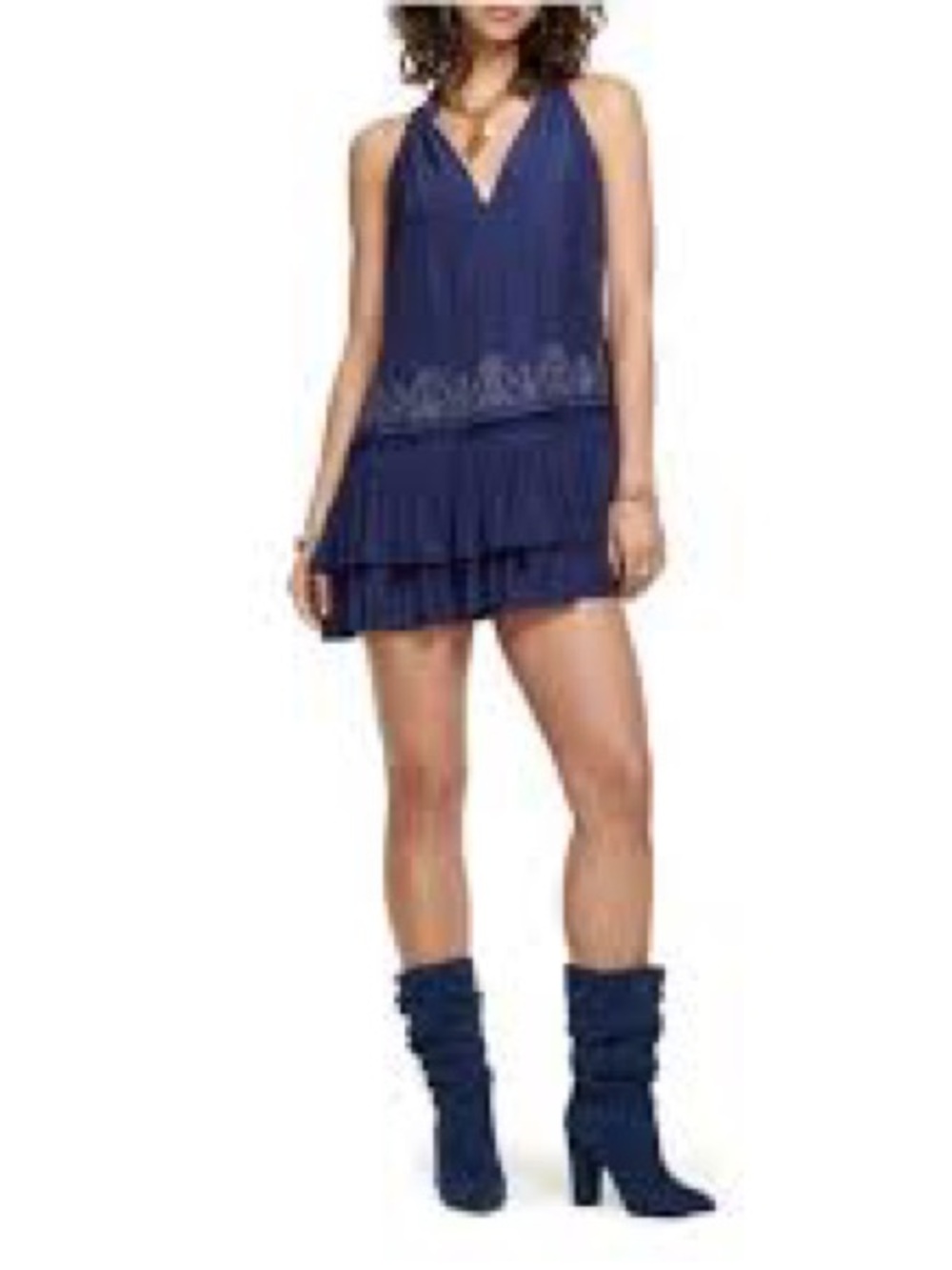 Ramy Brook Printed Angelina Layer Ruffled Mini Dress Navy Embroidered